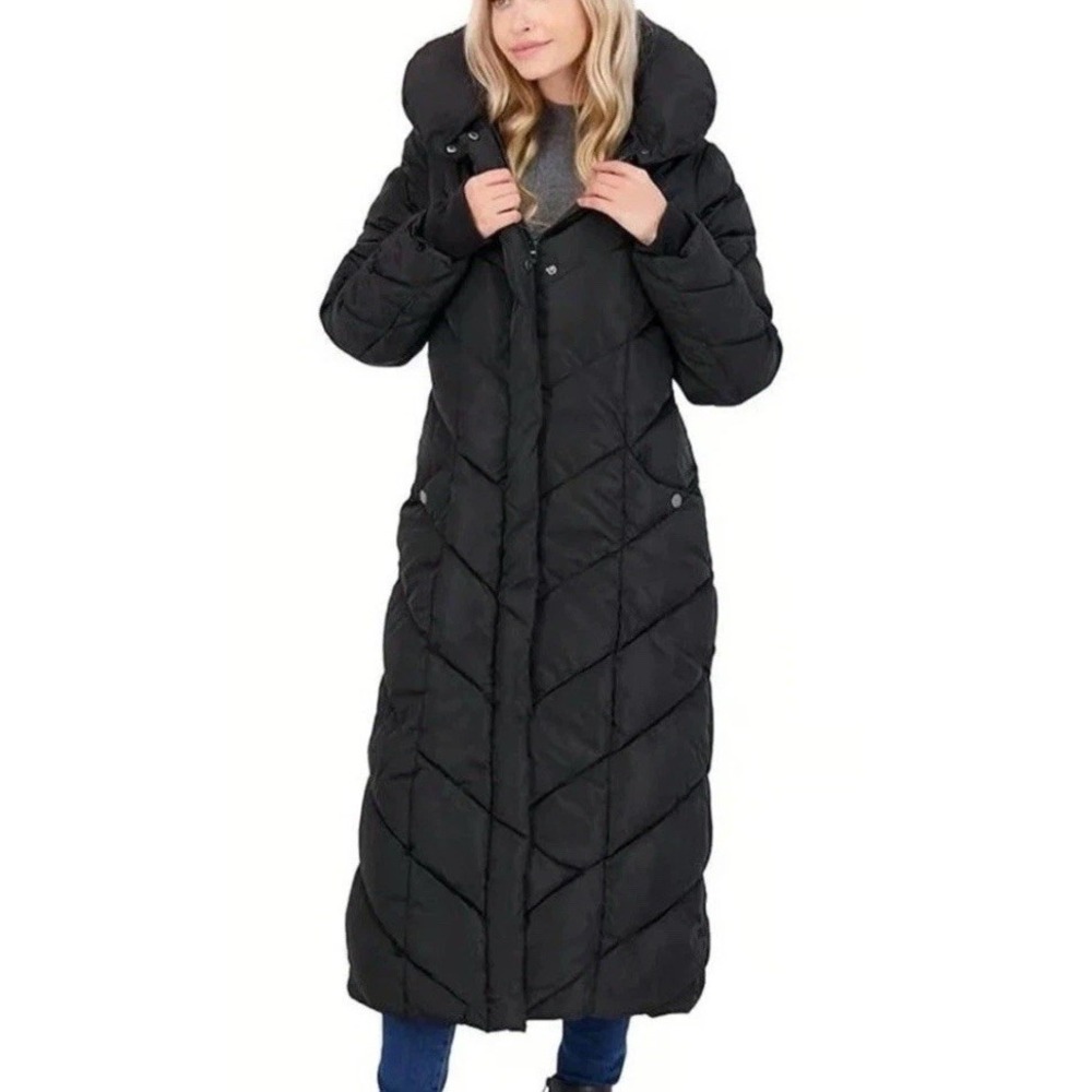 Steve Madden Long Hooded Pillow Collar Puffer Coat Size XS Black OLA522H NWT